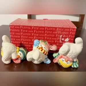 Fitz & Floyd Set Of (3) Frosty Folks Snowman Tumblers Figurines, In Box-3”